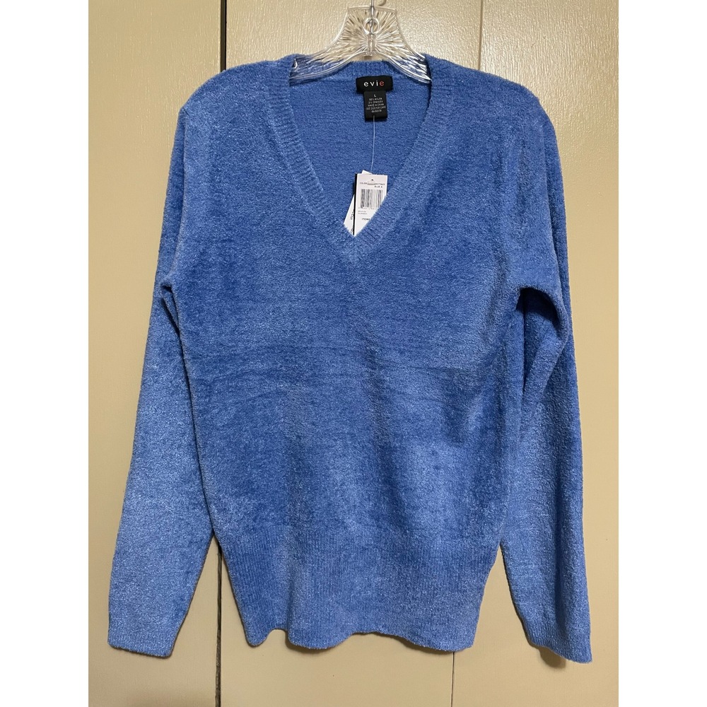 Evie Womens V-Neck Fuzzy Eyelash Knit Sweater Brittany Blue L 198724 New